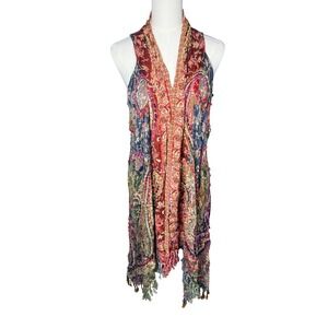 Boho Paisley Embroidered Fringe Vest Multicolor Open Front Kimono Wrap OS